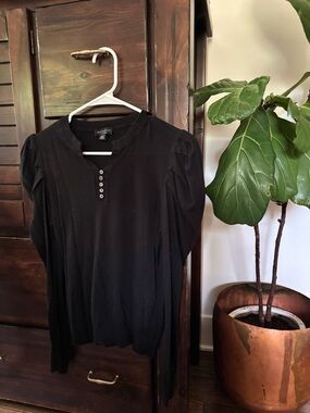 Black Long Sleeve Puff Shoulder Henley Top